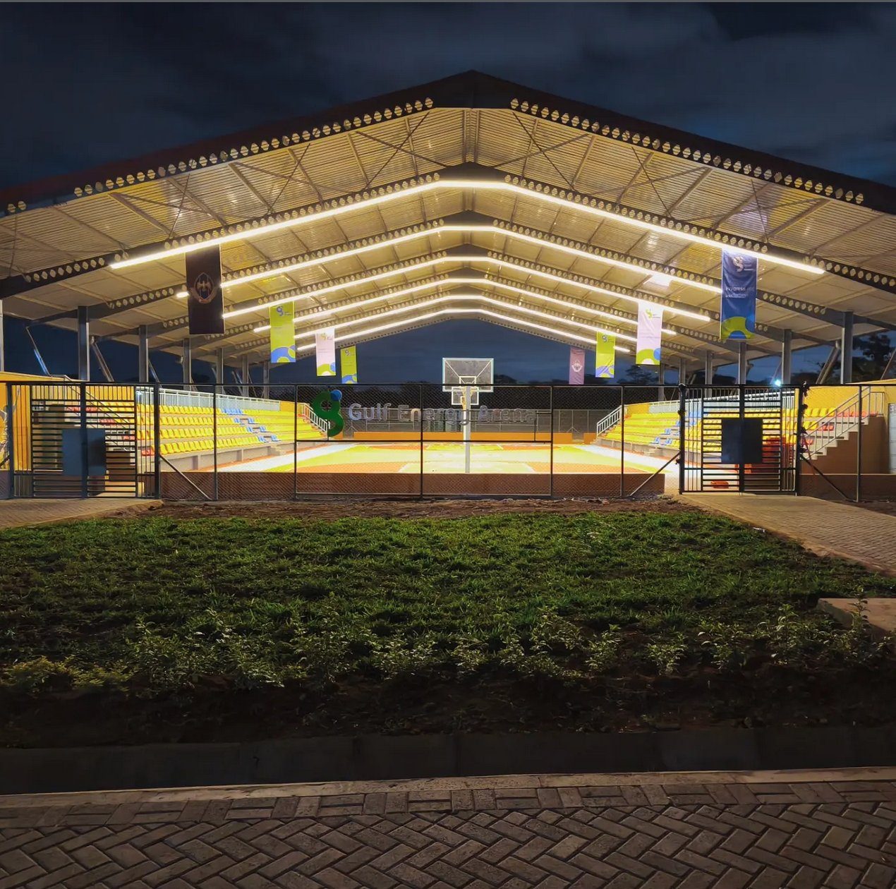 The Gulf Energy Arena, the Panthers' home court, lit at night
